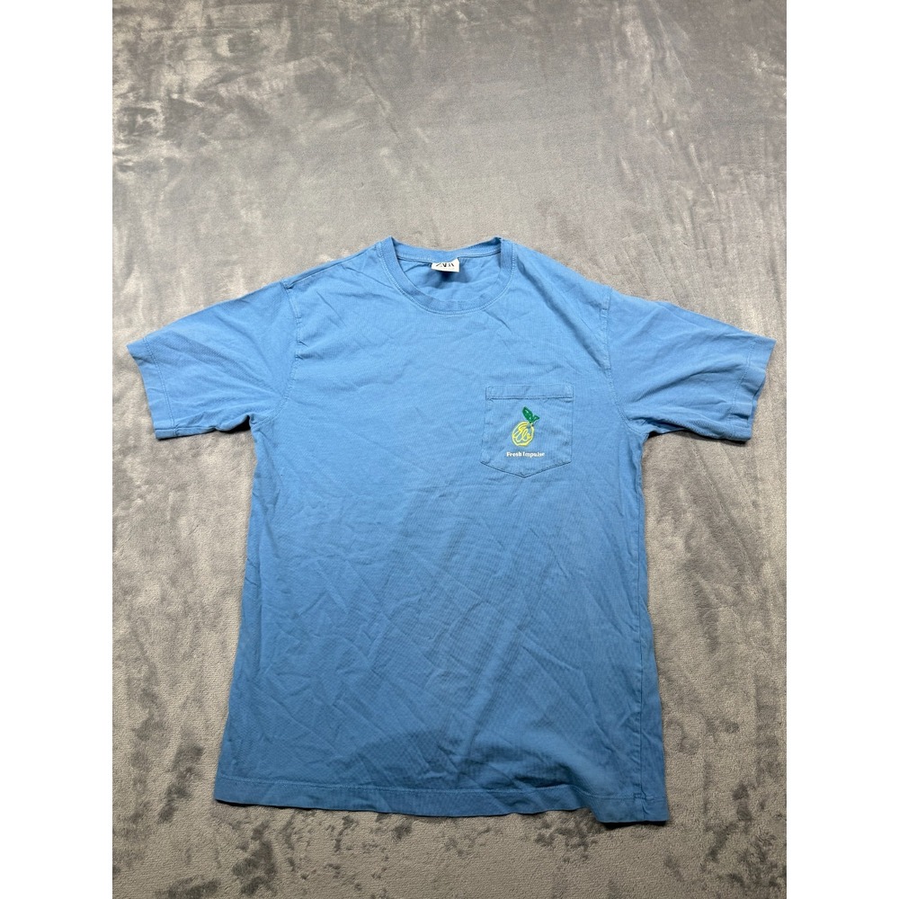 Zara Mens Fresh Impulse Pocket T-Shirt Small Blue Lemon Logo Crew Neck Tee